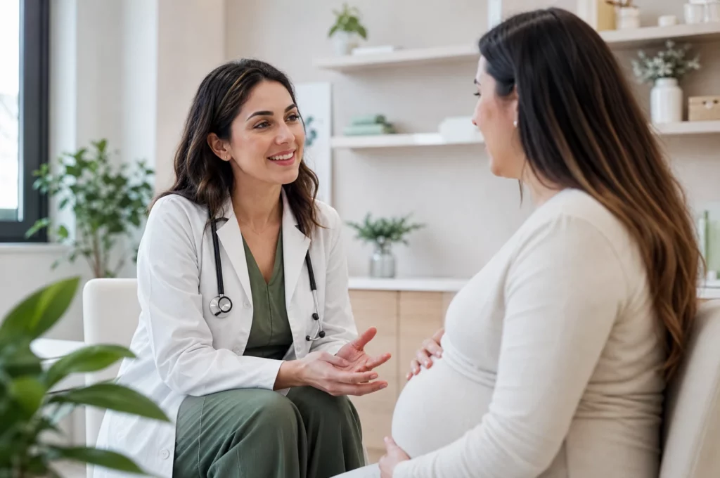 Aerztin beraet schwangere Patientin